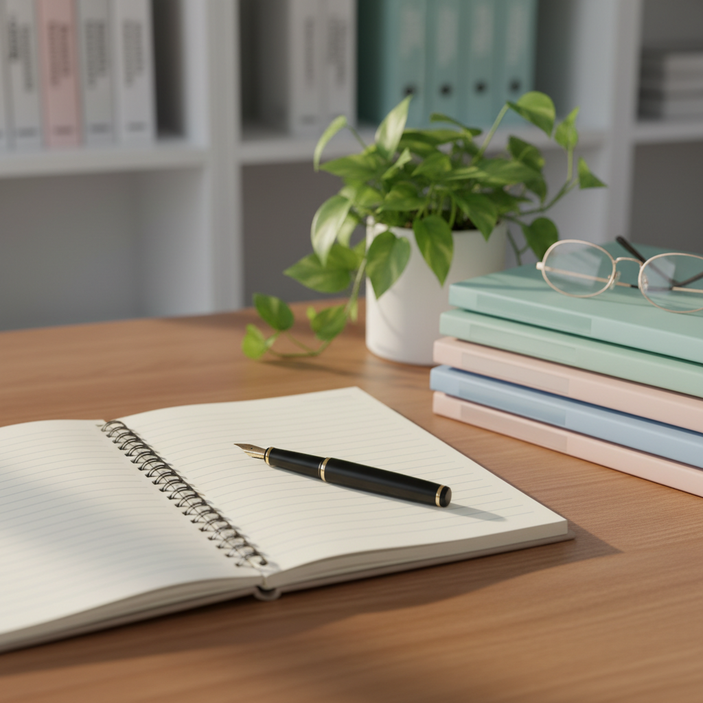 A close-up of a tidy psychologist’s desk with no people, featuring an open cream-colored notebook filled with neatly spaced blank lines, a matte black fountain pen placed diagonally, and a small potted plant with vibrant green leaves in a white ceramic pot. A pair of subtle gold-rimmed reading glasses rests beside a stack of softly colored patient files. Soft morning light filters in from the left, creating gentle highlights on the pen and subtle shadows across the wooden desktop. The background is slightly blurred, hinting at organized shelves with psychology books. Photographic, clean and modern composition using rule of thirds, conveying organization, trust, and professionalism for a mental health practice.