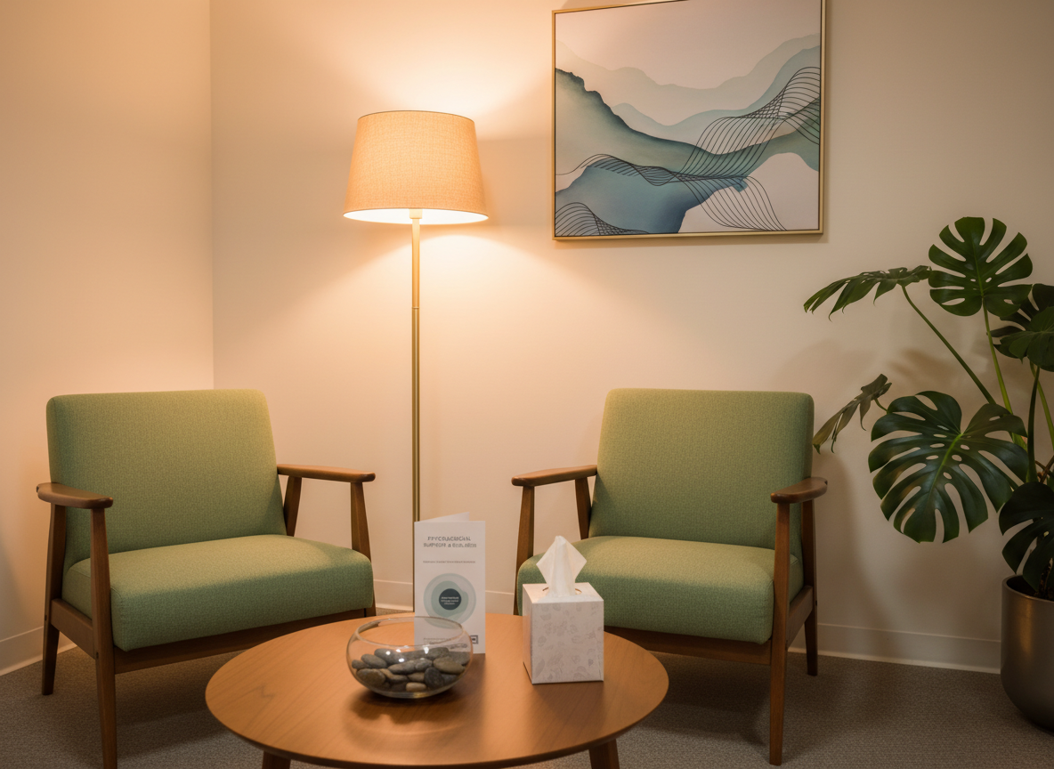 A soothing therapy waiting area with empty, upholstered chairs in muted sage green arranged around a low, round wooden table, all without people. On the table, a small glass bowl with polished river stones, a neatly folded informational brochure about psychological support, and a discreet box of tissues are carefully arranged. Warm, indirect lighting from a floor lamp with a linen shade casts a soft glow, while a large leafy plant adds organic texture in the background. The walls are painted a warm off-white, with a single framed print featuring abstract, flowing lines. Photographic realism at eye level, balanced composition, creating a serene, welcoming atmosphere suitable for a psychology and psychoanalysis clinic.