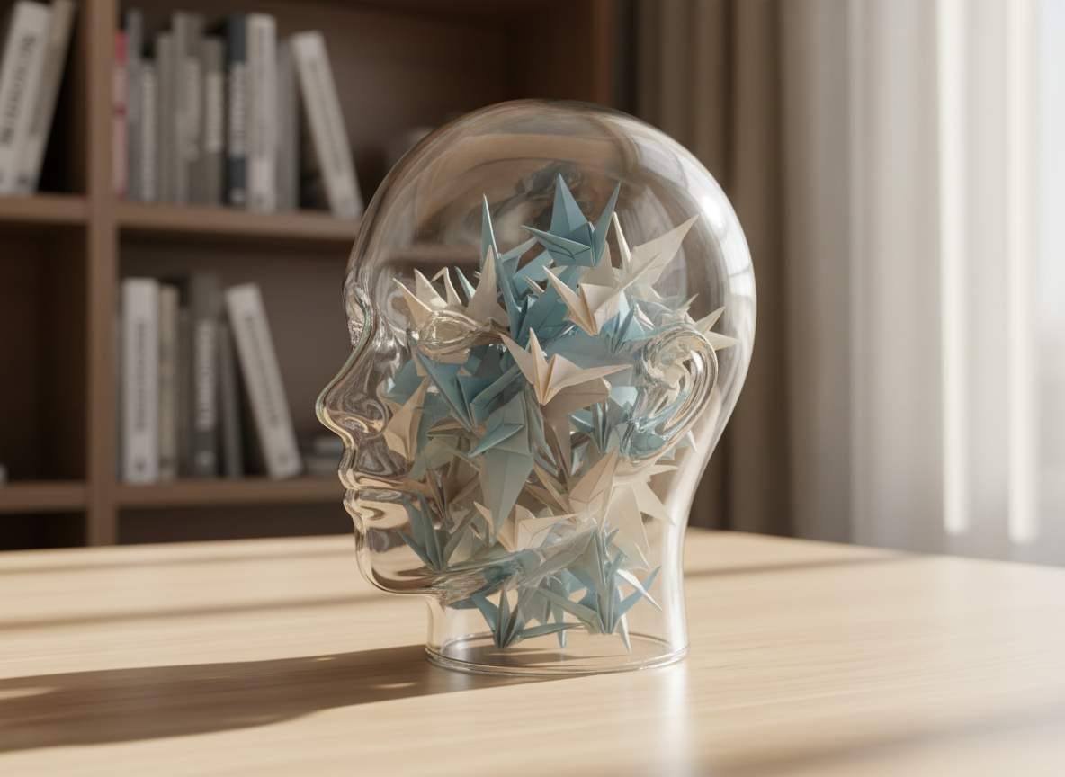 A symbolic representation of mental health using objects only: a clear glass head-shaped sculpture, hollow and transparent, placed on a smooth wooden surface. Inside the sculpture, delicate folded paper cranes in soft blues and neutrals suggest thoughts and emotions. Behind it, a blurred bookshelf holds psychology and psychoanalysis titles in Portuguese. Soft, diffused window light from the right creates gentle reflections on the glass and subtle shadows on the surface. The color palette is calm and muted, emphasizing clarity and reflection. Photographic realism, slightly elevated angle, shallow depth of field, conveying introspection, transformation, and the delicate nature of the inner world for a professional mental health website.