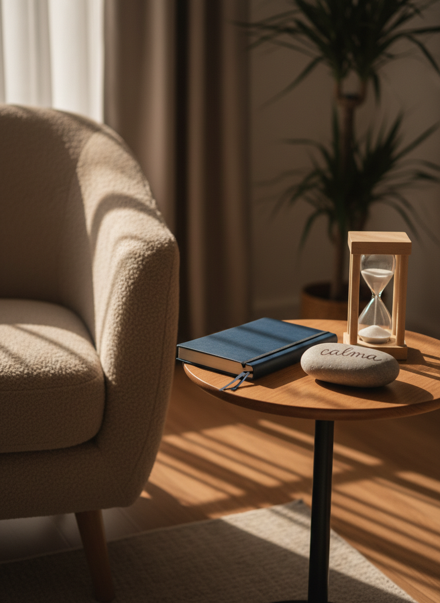 A therapeutic writing corner without any people, featuring a comfortable, textured beige armchair partially visible beside a small round side table. On the table rests a closed, soft-touch navy journal secured with an elastic band, a smooth stone engraved with the word “calma” in Portuguese, and a minimalist sand timer with fine white sand half fallen. Warm late-afternoon light filters through unseen windows, casting gentle, elongated shadows and a golden hue over the scene. In the background, a blurred view of neutral-toned curtains and a tall plant creates depth. Photographic realism, intimate close-up composition, evoking a sense of reflection, time, and safe space for psychological and psychoanalytic care of adolescents and adults.